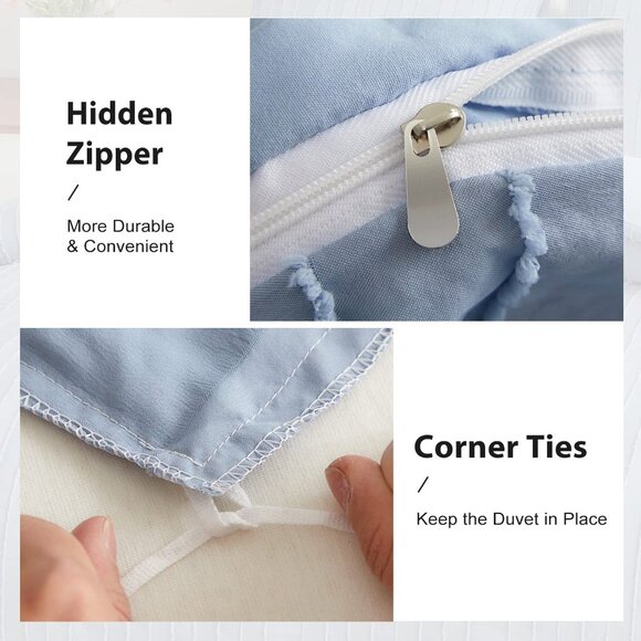 Boho Duvet Cover Striped Textured Duvet Cover Set Tufted Bedding Set  - Blue - Picture 5 of 8